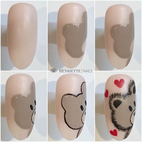 Winnie The Pooh Valentines Day Nails, Teddy Bear Nail Art Tutorial, Character Nail Art Valentines, Bears Nails, Heart Nail Designs, Classy Nail Designs, Gelish Nails, Daisy Nails, Nail Art Disney