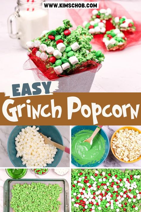 This Grinch Popcorn recipe is a delicious way to celebrate the holiday season. It only takes minutes to make, and it will be gone in seconds! Grinch Mix Snacks, Grinch Treat Ideas, Christmas Popcorn Mix Recipes, Grinch Movie Night Ideas, Grinch Puppy Chow, Grinch Snacks For Kids, Grinch Popcorn Recipe, Grinch Recipes, Grinch Desserts