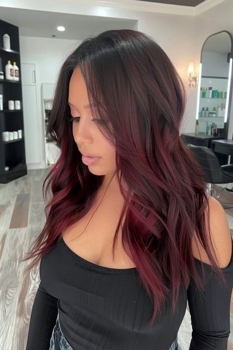 Dark Brown To Burgundy Ombre, Brown Hair With Red Highlights Burgundy, Dark Brown To Red Hair Ombre, Cherry Cola Peekaboo Hair, Burgundy Hair With Shadow Root, Dark Brown With Light Brown Money Pieces, Subtle Burgundy Hair, Red Brown Hair With Money Piece, Dark Cherry Highlights On Dark Hair