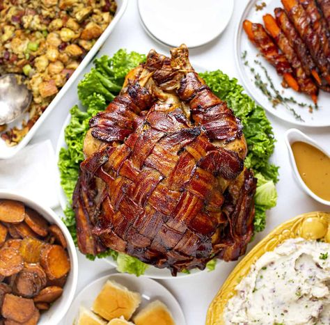 Bacon Wrapped Turkey, Bacon Lattice, Turkey Bacon Wrap, Bacon Gravy, Thanksgiving Appetizers Easy, Candied Yams, Scalloped Potatoes Cheesy, Honey Baked Ham, Thanksgiving Menu Ideas