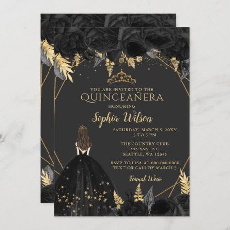 $ 2.95 | Elegant Black Gold Floral Princess Quinceañera In - quinceanera, glitter, dress, gown, mis quince, gold, mis princess crown, tiara, vintage, black Black Quinceanera Theme, Gold Quinceanera Theme, Princess Sweet 16, Invitations Quinceanera, Quince Invitations, Princess Birthday Invitations, Quinceanera Themes, Floral Save The Dates, Invitation Background