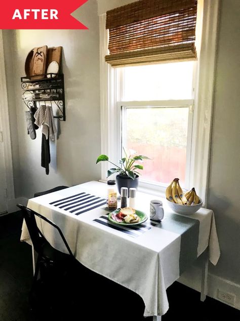 Green and Black Budget Kitchen Makeover - Paint Ideas | Kitchn Table In Front Of Window, Green And Black Kitchen, Dated Kitchen, Budget Kitchen Makeover, Old Sink, Dark Floors, Budget Kitchen, Wood Blinds, Black Kitchen