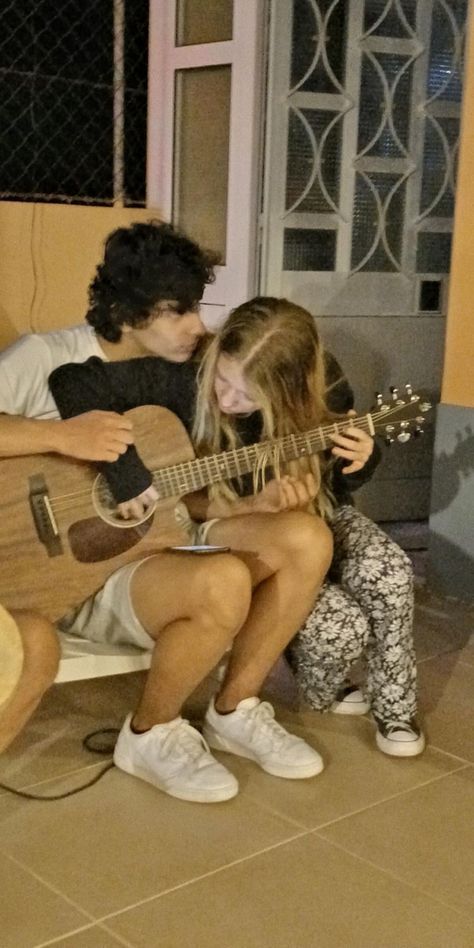 me and my bf playing guitar Teaching Guitar Couple, Boyfriend Singing To Girlfriend, Two People Playing Guitar, Couple Guitar Aesthetic, Guy Playing Guitar Aesthetic, Guitar Couple Aesthetic, Guitar Boyfriend Aesthetic, Bethany Aesthetic, Guitar Date