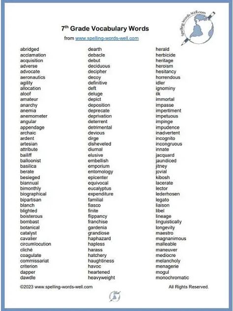 List of 240 7th Grade Vocabulary Words 7th Grade Vocabulary Words, 7th Grade Spelling Words, Spelling Bee Word List, 6th Grade Tips, 7th Grade Tips, List Of Vocabulary Words, Spelling Bee Words, Words For Teacher, Commonly Misspelled Words