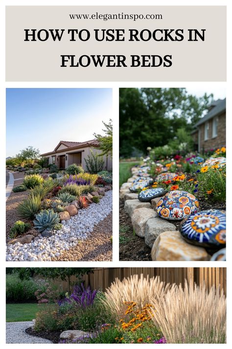 Learn how to make a rock garden by using rocks in your flower beds with these tips and ideas. Rock Mulch, Rock Flower Beds, Garden Rocks, Rock Border, Boho Mid Century, Flat Stone, Plant Labels, Ground Cover Plants, Chic Spaces