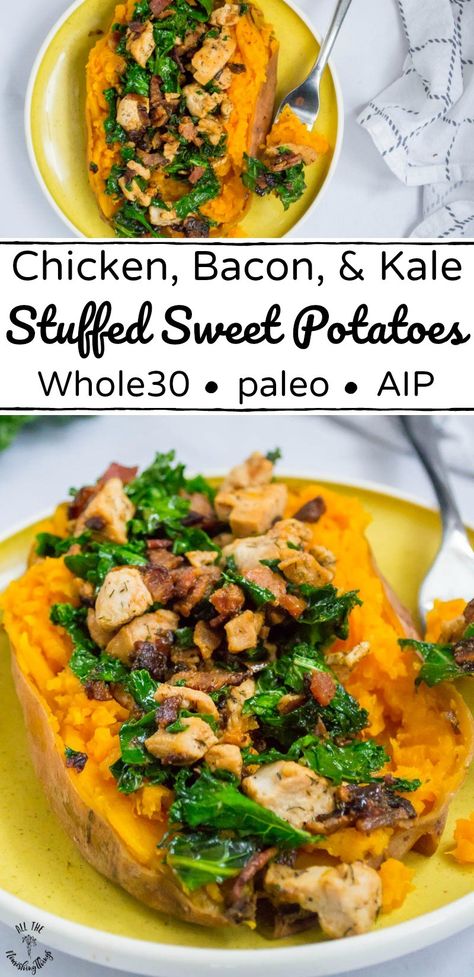 These paleo, AIP, and Whole30 Chicken, Bacon, and Kale Stuffed Sweet Potatoes are a snap to make and are perfect for meal prep! This is an easy, veggie-loaded meal, fantastic for weeknights or chaotic weekends, and is SO nourishing! #allthenourishingthings #whole30 #sweetpotatoes #whole30meal #AIP #paleo #AIPrecipe #paleorecipe Aip Lunches, Autoimmune Diet Recipes, Aip Diet Recipes, Bacon Kale, 2024 Meals, Autoimmune Paleo Diet, Paleo Dinners, Autoimmune Paleo Recipes, Whole30 Chicken