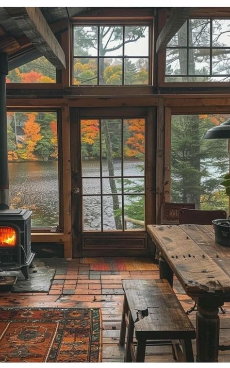 Woodsy Aesthetic House, Rustic Lake House Interior, Cottage In Woods, Rustic Lake Houses, Lake House Interior, Woodland House, Cottage Retreat, Lakeside Cottage, Wood Interiors