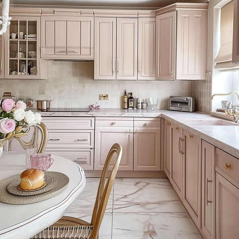 Pink Kitchen Ideas Pink Subway Tile Kitchen, Pink Pastel Kitchen, Pink And Cream Kitchen, Pastel Pink Kitchen, Pink Kitchen Inspiration, Bedrooms Pink, Pink Kitchen Ideas, Princess Tower, Pink Cabinets