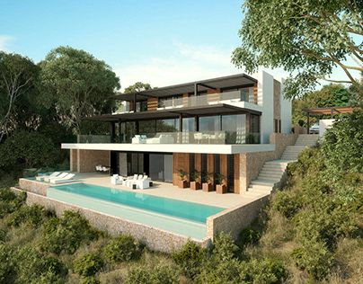 House On The Hill Architecture, Downslope House Design, Downhill House Design, Modern Hillside House Plans, 200sqm House Design, Slope House Design Architecture, Modern Hillside House, Hillside House Plans, Houses On Slopes