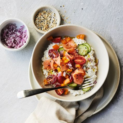 Everything But the Bagel Cottage Cheese and Lox Bowl Recipe | Epicurious Smoked Salmon Cottage Cheese, Salmon Cottage Cheese, Cottage Cheese Bowl, Lox Recipe, Cheese Bowl, Pound Dropper, Bagel Toppings, Fourth Of July Cakes, Everything But The Bagel