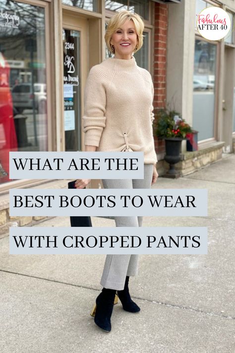 Best boots for cropped pants? The goal is to cover your exposed legs so you stay warm and to elongate them too, so you look elegant. It’s all about balance, so here’s what you do. Cropped Pants And Boots, Crop Pants With Ankle Boots, Cropped Pants With Boots, Dress Pants With Boots, Jumpsuit With Boots, How To Make Boots, Cropped Pants Outfit, Wide Cropped Pants, Grey Pants Outfit