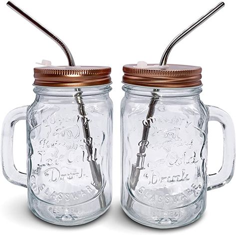 Amazon.com: Home Suave - Mason Jar Mugs with Handle, Regular Mouth Colorful Lids with 2 Reusable Stainless Steel Straw, Set of 2 (Rose Gold), Kitchen GLASS 16 oz Jars,"Refreshing Ice Cold Drink" & Dishwasher Safe : Home & Kitchen Mason Jars With Handles, Mason Jar With Straw, Mason Jar Mugs, Mason Jar Cups, Drinking Jars, Kitchen Glass, Ice Cold Drink, Mason Jar Lids, Steel Straw