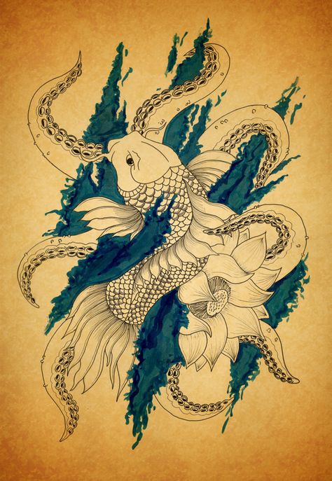 Tattoo in which are connected motifs koi fish, lotus flower and octopus with details of water. . . Koi Fish And Octopus Tattoo, Koi Tattoo, Koi Fish Tattoo, Octopus Tattoo, Tattoo Illustration, Koi Fish, Dreamcatcher Tattoo, Lotus Flower Tattoo, Tattoo Images