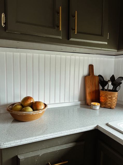 Tile And Beadboard Backsplash, Beadboard Wallpaper Backsplash, Black Rv Cabinets, Beaded Board Backsplash, Panel Backsplash Kitchen, Kitchen With Beadboard Backsplash, Bead Board Backsplash Kitchen Ideas, Kitchen Beadboard Backsplash, Camper Kitchen Remodel