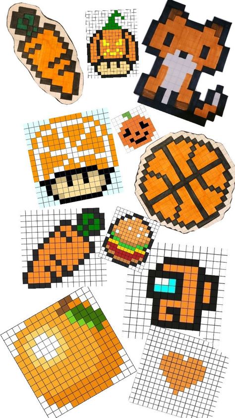 Thanksgiving Pixel Art, Pixel Art Orange, Orange Pixel Art, Pixel Art Autumn, Autumn Pixel Art, Fall Pixel Art, Pixel Poster, Square Drawing, Graph Paper Art