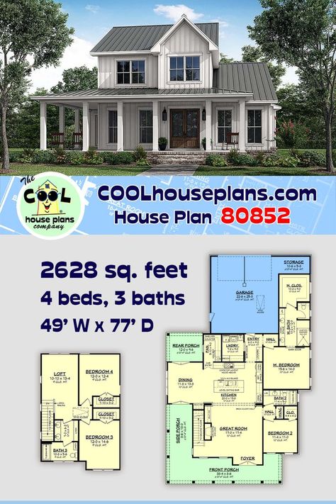 Floor Plans For Narrow Lots, Two Story Farmhouse Plans With First Floor Master, 2 Story Open To Below Floor Plans, House Plans With Loft Upstairs, 2 Story White Farmhouse, 4 Bed House Floor Plan, Backyard Design Layout With Pool On A Budget, Two Story First Floor Master House Plans, 4 Bedroom House Plans 2 Story Farmhouse