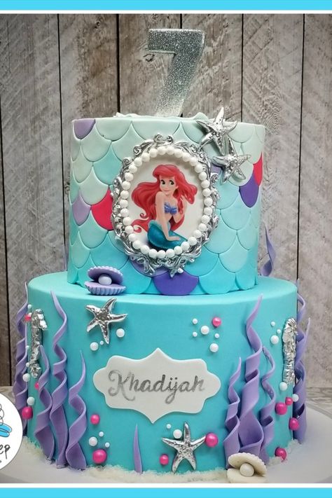 Ariel Two Tier Cake, Mermaid Cake Theme, Arial Birthday Cake, Princess Ariel Cake, Ariel Mermaid Cake, Little Mermaid Birthday Party Cake, Little Mermaid Cake Ideas, The Little Mermaid Cake, Ariel Birthday Party Cake