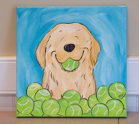 Dog Canvas, Tennis Balls, Acrylic On Canvas, Painting Ideas, A Dog, Golden Retriever, Tennis, Canvas Painting, Canvas