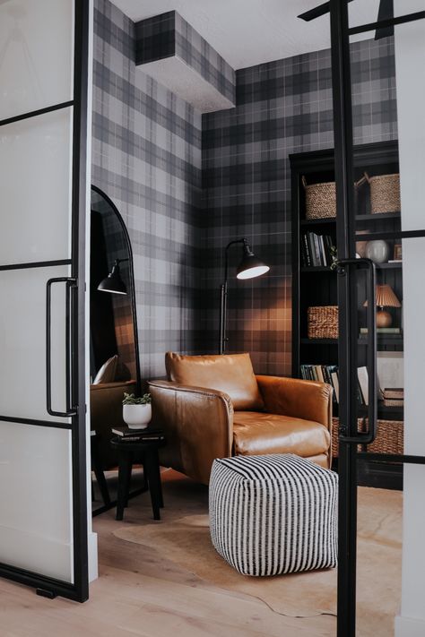 Wallpaper Sitting Room, Basement Home Office, Masculine Home Office, Nesting With Grace, Basement Inspiration, British Interior, Study Decor, Plaid Wallpaper, Wallpaper Interior