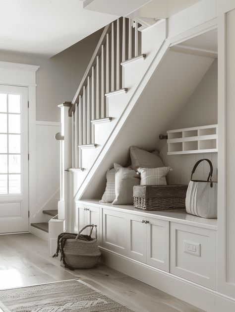 Narrow Entryway Ideas: Under-Stair Storage Cubbies Entryway Bench Under Stairs, House Landing Ideas, Entryway Banister With Storage, Narrow Small Space Mudroom With Storage, Entrance Stairs Entryway, Under Stairs Ideas Entryway, Narrow Stairs, Entryway Ideas With Stairs, Stairway Ideas