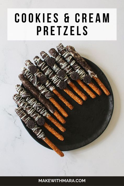 These Cookies and Cream Pretzels are super easy to make and fun for even kids to help create. Packaged up, these make great gifts! Cookies And Cream Pretzels, Bday Snacks, Vegetarian Cookies, Chocolate Melting Wafers, Salty Treats, Ghirardelli Chocolate, Pretzels Recipe, Crushed Oreos, Pretzel Rods