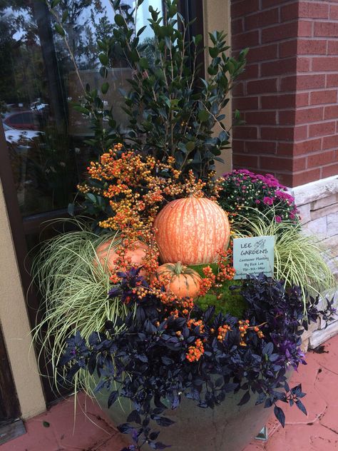 Fall Planters In Front Of Garage, Fall Cabbage And Mums, Wash Tub Planter Ideas Fall, Pumpkins In Pots Decor, Fall Outdoor Pots With Pumpkins, Garage Planters Ideas, Outdoor Fall Planters Front Porches, Fall Home Decor Outdoor, Fall Planters With Pumpkins