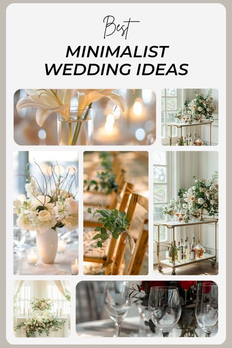 Are you dreaming of a simple, yet beautiful wedding? We've got just the ideas for you! Discover chic minimalist wedding decorations that focus on lovely simplicity. Imagine soft white tablecloths paired with gorgeous centerpieces of white and peach flowers! Picture delicate greenery and softly glowing candles to create that magical vibe. These tips will help guide your special day, making it effortlessly elegant and stylish! You won’t want to miss out on these stunning ideas that show how beauty lies in simplicity. Simplistic Wedding Reception Decor, Simple Wedding Setting, Contemporary Wedding Decorations, Minimalist Wedding Styling, Modern Minimalist Wedding Reception Indoor, Simple Elegant Wedding Reception Decor, Simple Romantic Wedding Decor, Simple Elegant Wedding Decor, Minimalist Wedding Decorations