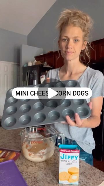 Andrea on Instagram: "Mini Cheese Corn Dogs

Box of jiffy corn muffin mix, make as directed on the box
One package @johnsonville cheese sausages
Fill mini muffin pan that has been greased with muffin mix half way up
Cut your sausages about an inch and stick those in the middle 
Bake at 400 for 20 minutes 
Enjoy!" Cheese Corn Dogs, Mini Corn Dog Muffins, Daycare Meals, Jiffy Corn Muffins, Corn Dog Muffins, Mini Corn Dogs, Corn Muffin, Jiffy Corn Muffin Mix, Cheese Corn