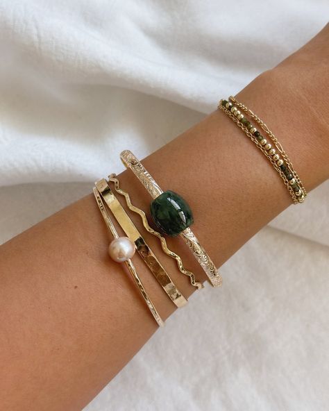 Our Jade Series just got an upgrade with two more stunning designs! Stack, layer, or wear solo—shop these pieces online now.✨ 💚 Deep Green Jade Barrel Necklace 💚 Deep Green Jade Floral Bangle #lainehonolulu #alamoanacenter #pearlridge #manoa #14kgoldfilledjewelry #handmadejewelry #jadebangles #hawaiijewelry Jade Bangle Stack, Jade Bracelet Bangles, Hawaii Jewelry, Book Pillow, White Opal Ring, Jewelry Lockets, Anklet Bracelet, Stamped Jewelry, Green Jade