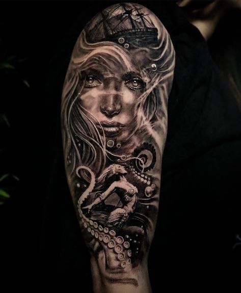 Cory james on Instagram: “Swimming in a sea of monsters done tonight @lostedgetattoo @empireinks @blackmarkettattoocare #austin #texas #artofinstagram #inkedmag…” Goddess Of The Sea Tattoo, Sea Goddess Tattoo, Of The Sea Tattoo, The Sea Tattoo, James Tattoo, Austin Tattoo, Saint Tattoo, Watercolor Tattoo Artists, Goddess Of The Sea