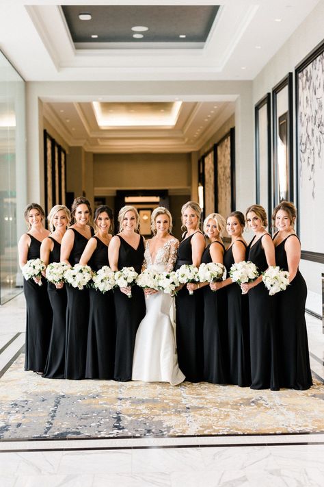 Black Decor Accents, Black Bridesmaid Dresses Fall, Bridesmaids In Black, Bride Birthday, Catholic Wedding Ceremony, Black And White Wedding Theme, Ballroom Reception, Bridesmaid Photoshoot, Black Bridesmaid