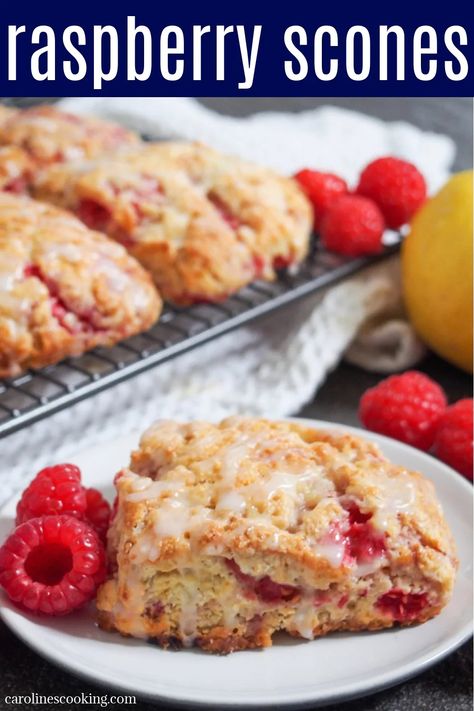 These raspberry scones are wonderfully soft, packed with juicy fruit and topped with a bright lemon drizzle. While that may sound fancy, they're actually really easy to make. A delicious treat, perfect with a cup of coffee or tea or as a snack. Raspberry Jam Scones, Easy Raspberry Scones, Raspberry Scones Recipe Easy, Raspberry Scones Recipe, Raspberry Scones, Scones Recipe Easy, Preppy Kitchen, Lemon Drizzle, Scones Recipe