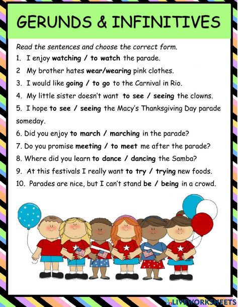 Gerunds and Infinitives 1 activity Verb Infinitive And Gerund, Gerund And Infinitive Worksheets, Gerunds Worksheet, Gerund Exercises, Highlight Covers Instagram Books, Gerunds And Infinitives, Word Transformation, Reading Exercises, English Activities For Kids