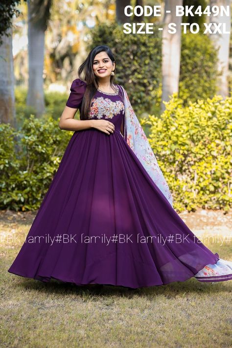 Casual Frocks For Women, Floral Dupatta, Gown Dress Party Wear, Frock Models, Rose Apple, Purple Long Dress, Grape Wine, Georgette Gown, Long Gown Design