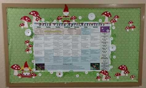 Woodland bulletin board. Gnomes, mushrooms, flowers, cricut cartridge Woodland Bulletin Board, Gnome Classroom, Res Life Door Decs, Flowers Cricut, Res Life Bulletin Boards, Recreation Activities, Ra Themes, Class Bulletin Boards, Parent Board