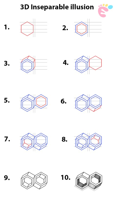 Easy to draw a 3D Inseparable Illusion drawing Op Art Step By Step, Opart Illusion, 3d Illusion Drawing, Optical Illusions Drawings, 3d Drawing Tutorial, Op Art Lessons, Math Drawing, How To Draw 3d, Impossible Shapes