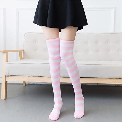 Striped Thigh High Socks Elastic Over The Knee Knit Stockings For Daily Use And Anime Cosplay. Poly-Cotton Blend Striped Stockings Are Soft And Breathable With Good Elasticity. Striped Socks Outfit, Pink Striped Socks, Trans Things, Striped Thigh High Socks, Socks Outfit, Kawaii Outfit Ideas, Kawaii Outfit, Striped Stockings, Knit Stockings