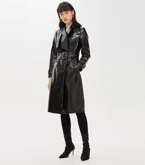 Topshop Crocodile Embossed Coat Vinyl Trench Coat, Is It Fall Yet, Cable Knit Dress, Fall Coats, Outfit Essentials, Dalmatian Print, Croc Leather, Dress Gloves, Trench Coat Black