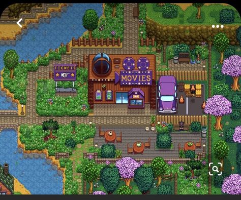 Movie Theater Stardew, Stardew Movie Theater, Stardew Valley Movie Theater, Stardew Bus Stop Design, Theatre Decor, Stardew Ideas, Stardew Farm, Theatre Decorations, Stardew Farms