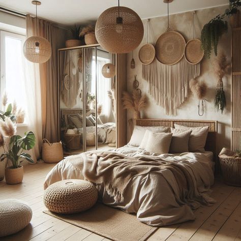 Shared Room Ideas For Adults, Boho Astethic, Boho Guest Room, Neutral Boho Bedroom, Cozy Bohemian Bedroom, Airy Curtains, Woven Headboard, Hygge Aesthetic, Cozy Boho Bedroom