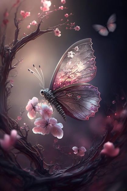 Beautiful spectral plum blossoms with fa... | Premium Photo #Freepik #photo #butterfly #borboleta #butterfly-wings #butterfly-flower Fantasy Butterfly Art, Butterfly Fantasy Art, Magical Butterflies, Aesthetic Butterflies, Photo Butterfly, Magic Butterfly, Magical Butterfly, Fantasy Butterfly, Surreal Collage Art