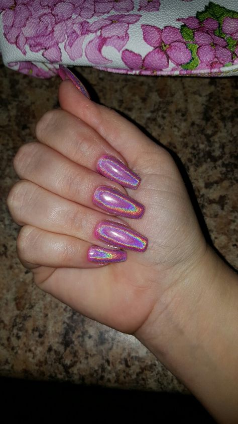 Holographic powder over pink ballerina shaped nails. By Ashley Nails Design Matte, Ballerina Shaped Nails, Hallographic Nails, Pink Holographic Nails, Nail Glitter Powder, Shaped Nails, Matte Nails Design, Therapeutic Massage, Acrylic Coffin