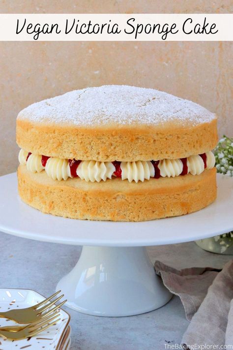 Recipe for Vegan Victoria Sponge Cake - a dairy free and egg free recipe for the classic cake with a buttercream and jam filling #thebakingexplorer #victoriaspongecake #vegancake #veganbaking #afternoontea Vegan Victoria Sponge Cake, Dairy And Egg Free Cake, Dairy Egg Free Cake, Vegan Sponge Cake Recipe, Vegan Sponge Cake, Vegan Victoria Sponge, Dairy Free Buttercream, Egg Free Cakes, Vegan Buttercream