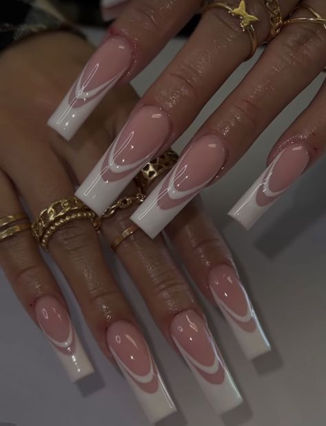 Long French Tip Nail Designs, Long Classy Nails Simple, Long Rectangle Nails, Long Square Acrylic Nails Designs Simple, Simple Classy Baddie Nails, Long French Tip Nails With Design, French Tip Designs Nails, Classy Long Nails, Ombre Chrome Nails