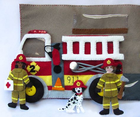 Fire Station Garage, firefighter quiet book page Full tutorial, such beautiful detailed work! Felt Fire, Quiet Book Templates, Baby Mobil, Diy Quiet Books, Baby Quiet Book, Dollhouse Books, Quiet Book Patterns, Quiet Activities, Felt Books