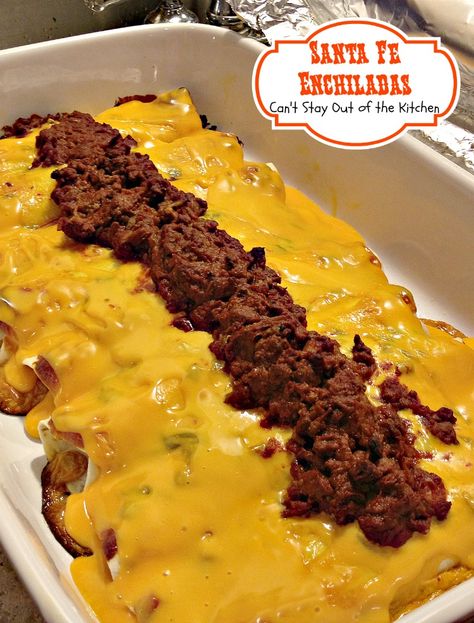 Santa Fe Enchiladas | Can't Stay Out of the Kitchen | These #enchiladas are filled with a tasty #beef mixture and covered with #velveetacheese and green #chilies. #Tex-Mex Velveeta Enchiladas, Velveeta Recipes, Cinco De Mayo Recipes, Ground Beef Enchiladas, Enchilada Recipe, Velveeta Cheese, Beef Enchiladas, Mexican Food Recipes Easy, Tex Mex Recipes