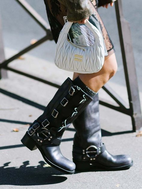 Trendy Boots 2023, Grunge Moto Boots For Fall Streetwear, Miumiu Boots Outfit, Engineer Boots Outfit Womens, Black Grunge Moto Boots For Winter, Edgy Leather Moto Boots, Winter High-top Grunge Moto Boots, Miu Miu Boots Street Style, Miu Miu Boots Outfit