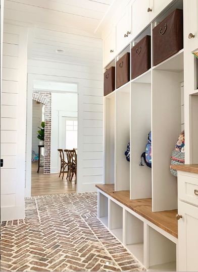 Brick Floors Mudroom, Mudroom Flooring, Brick Floor, Mudroom Lockers, Laundry Room Flooring, Mudroom Laundry Room, Farmhouse Laundry Room, Messy Room, Brick Flooring