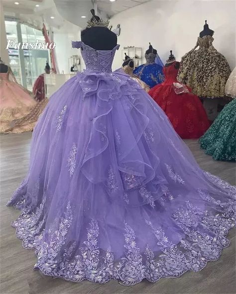 Purple Quinceanera Dresses Ball Gown Off Shoulder Ruffle with Bow Applique Dress | eBay Purple Quince Dress, Lavender Ball Gown, Robes Quinceanera, Lavender Quinceanera Dresses, Lavender Quinceanera, Purple Ball Gown, Purple Quince, Purple Quinceanera Dresses, Mexican Quinceanera