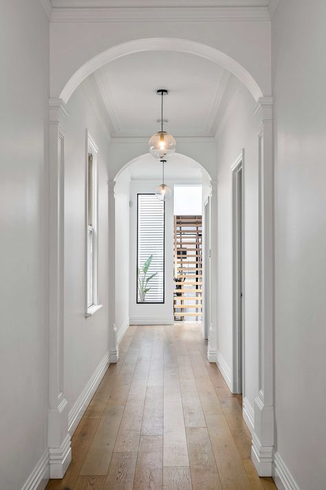 Hallway Arch Decor, Arched Hallways In Home, Arch Hallway Entryway, Arch In Hallway, Arch Hallways, Hallway Archway, Hallway Ceiling Design, Arch Corridor, Hallway Arch